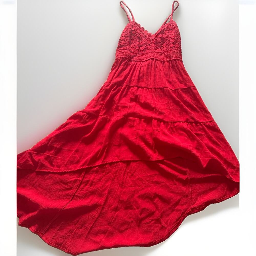 Women’s Red Solid Lace Bodice V-Neck Strappy Adjustable Maxi Dress M